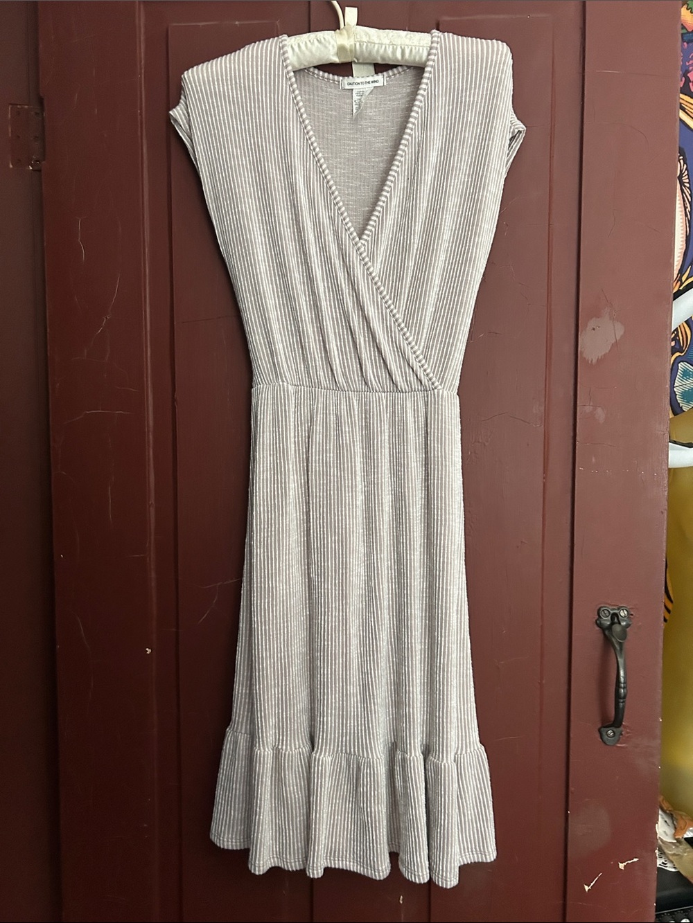 Caution To The Wind Sleeveless Ribbed Faux-Wrap Midi Dress in Light Taupe